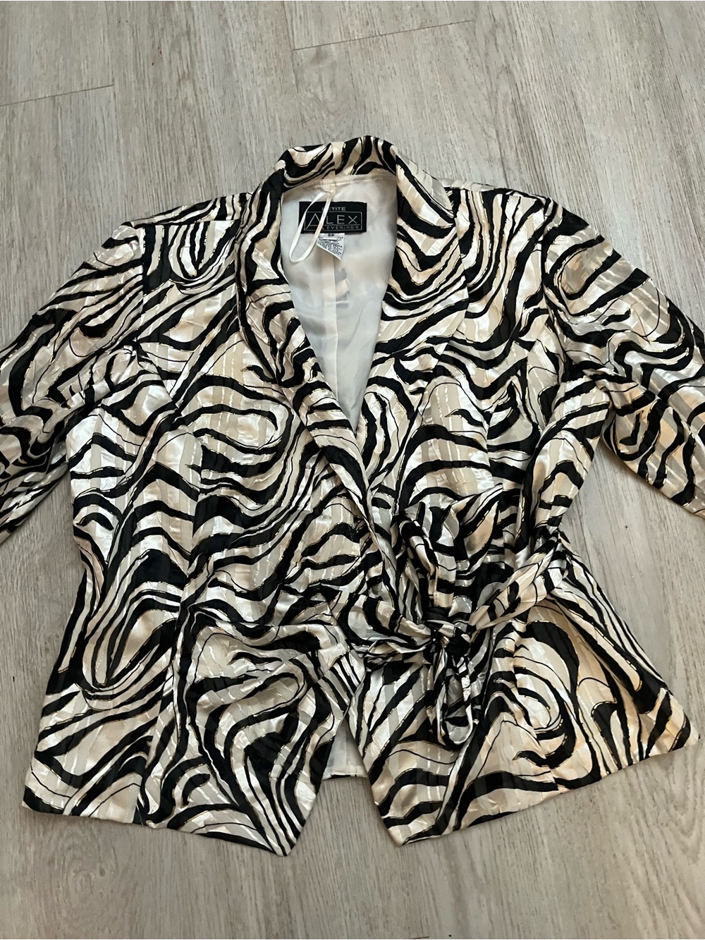Alex Evenings Petite Black and Cream Satin Zebra-Print Wrap Tunic Small